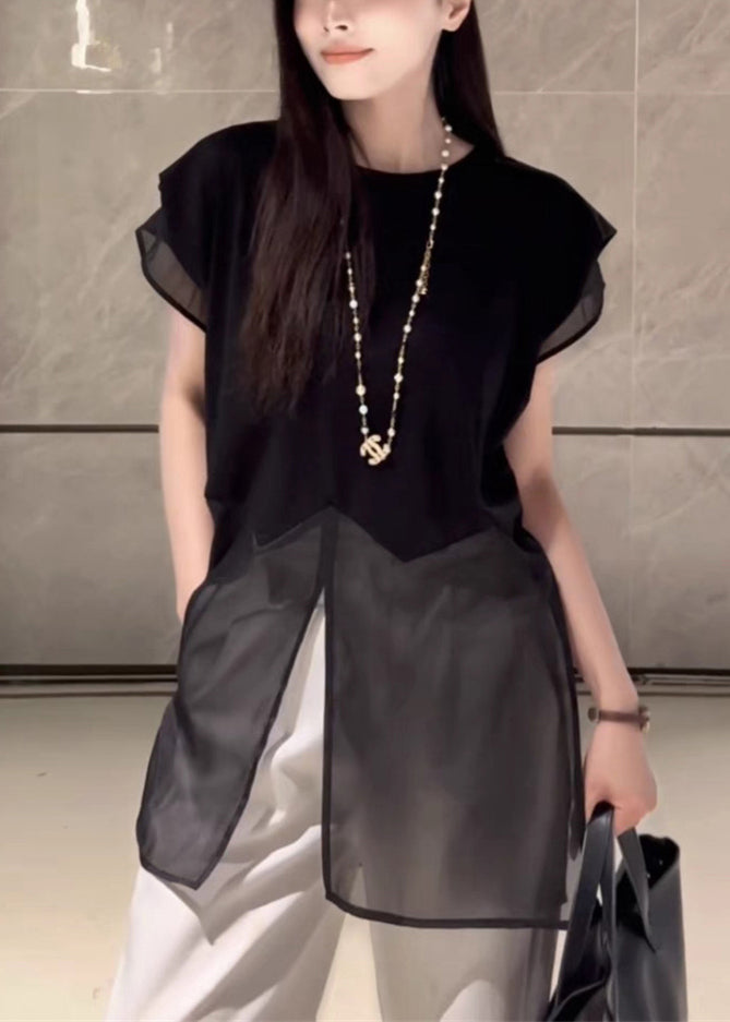 Loose Black Front Open Tulle Patchwork Cotton T Shirt Summer