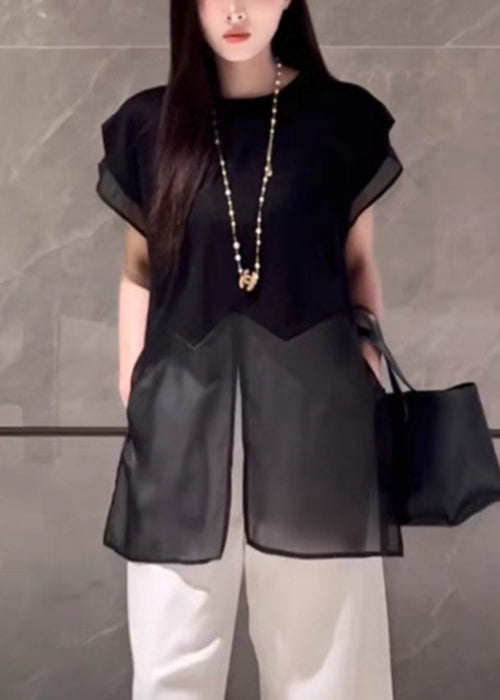 Loose Black Front Open Tulle Patchwork Cotton T Shirt Summer