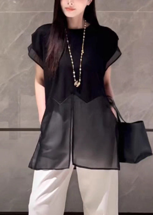 Loose Black Front Open Tulle Patchwork Cotton T Shirt Summer