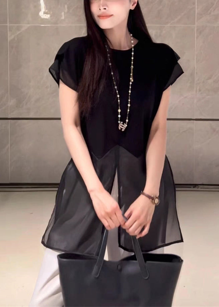 Loose Black Front Open Tulle Patchwork Cotton T Shirt Summer