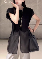 Loose Black Front Open Tulle Patchwork Cotton T Shirt Summer