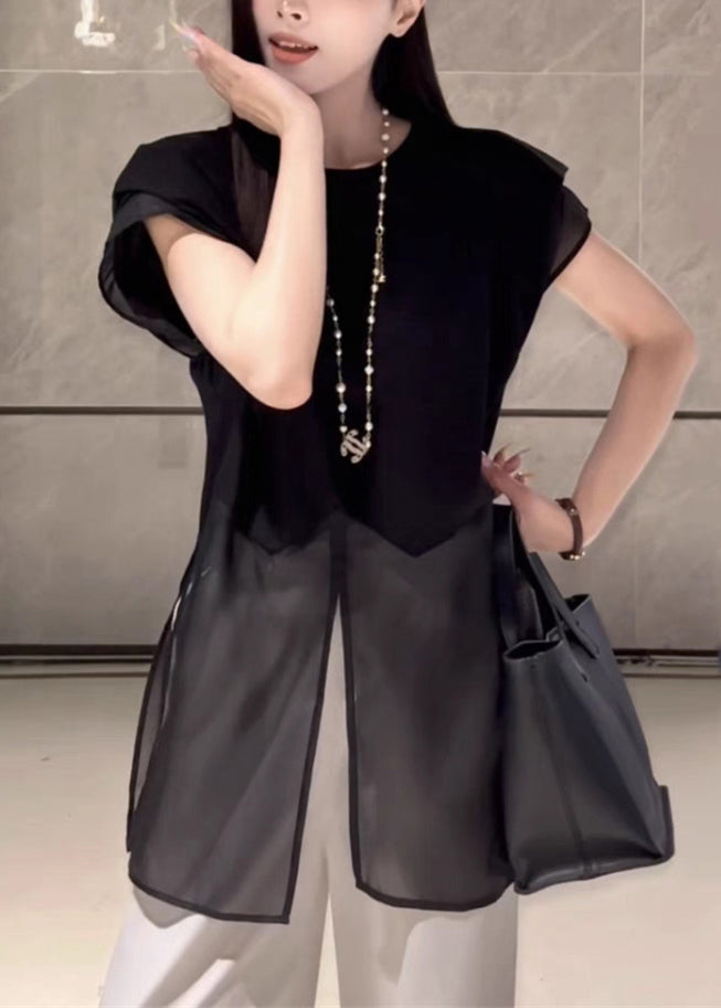 Loose Black Front Open Tulle Patchwork Cotton T Shirt Summer