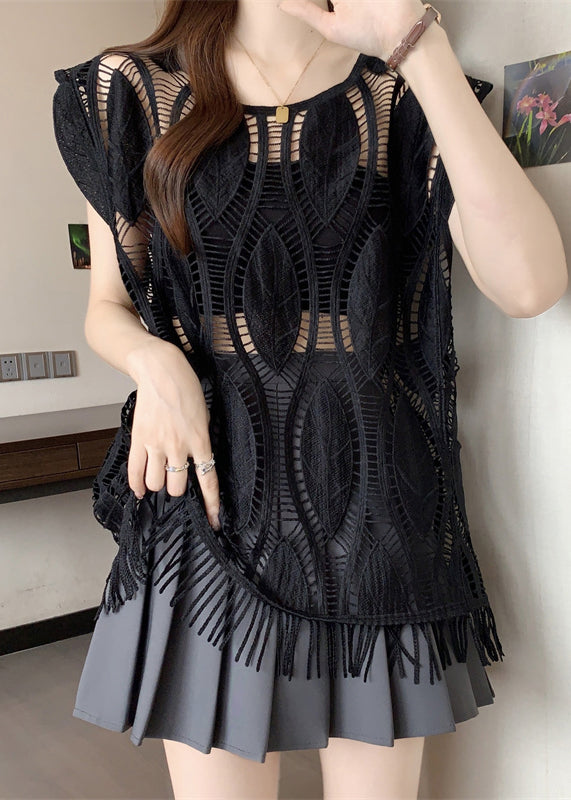 Loose Black Hollow Out Tasseled Cotton Tank Sleeveless