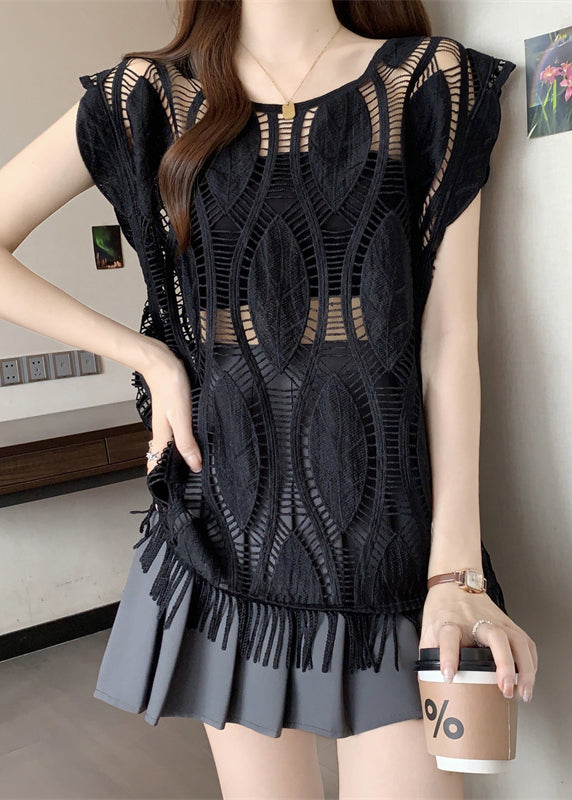 Loose Black Hollow Out Tasseled Cotton Tank Sleeveless