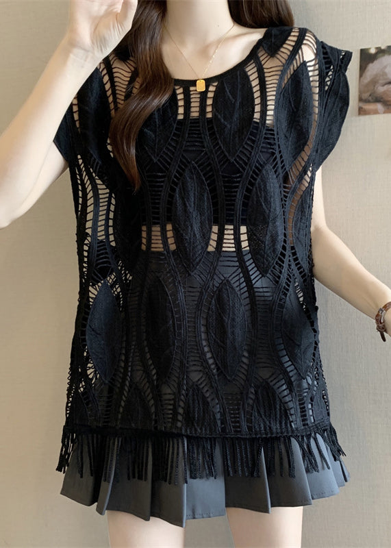 Loose Black Hollow Out Tasseled Cotton Tank Sleeveless