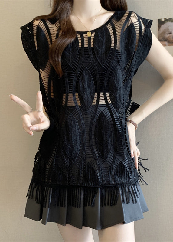 Loose Black Hollow Out Tasseled Cotton Tank Sleeveless