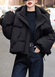 Loose Black Hooded Duck Down Puffer Coat Winter