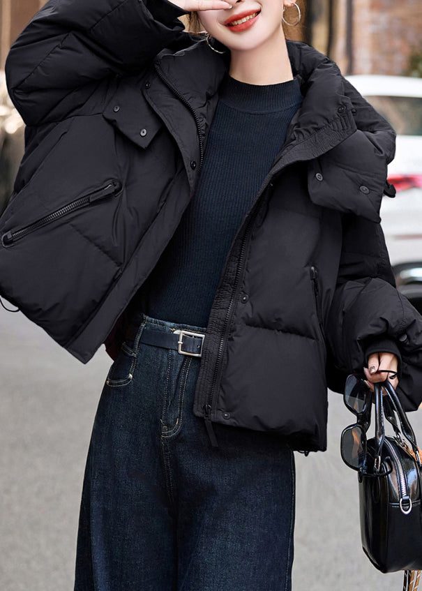 Loose Black Hooded Duck Down Puffer Coat Winter