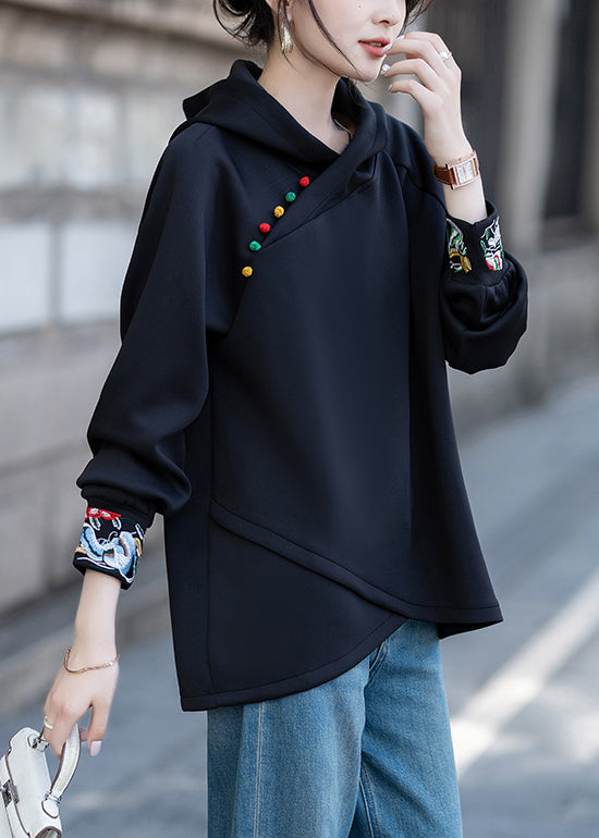 Loose Black Hooded Embroidered Cotton Sweatshirts Fall