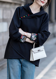 Loose Black Hooded Embroidered Cotton Sweatshirts Fall