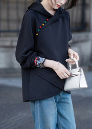 Loose Black Hooded Embroidered Cotton Sweatshirts Fall