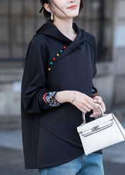 Loose Black Hooded Embroidered Cotton Sweatshirts Fall