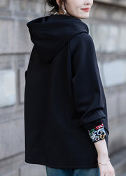 Loose Black Hooded Embroidered Cotton Sweatshirts Fall
