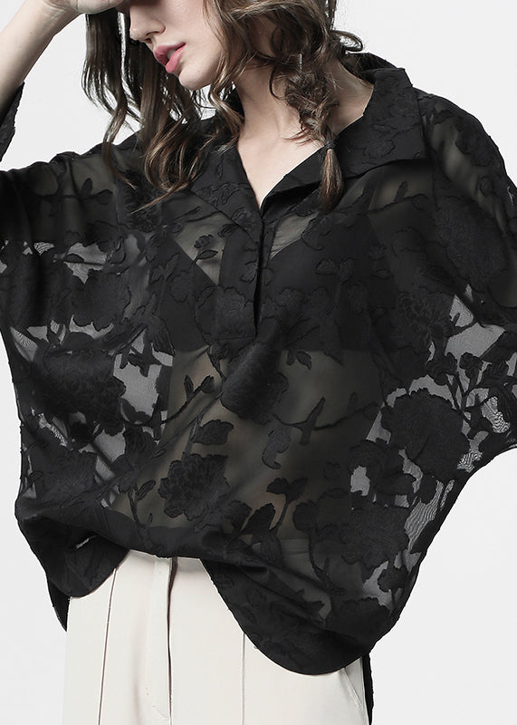 Loose Black Lace Button Chiffon Blouses Batwing Sleeve