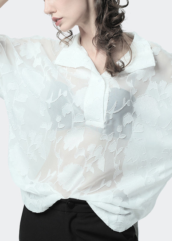 Loose Black Lace Button Chiffon Blouses Batwing Sleeve