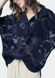 Loose Black Lace Button Chiffon Blouses Batwing Sleeve