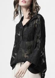 Loose Black Lace Button Chiffon Blouses Batwing Sleeve