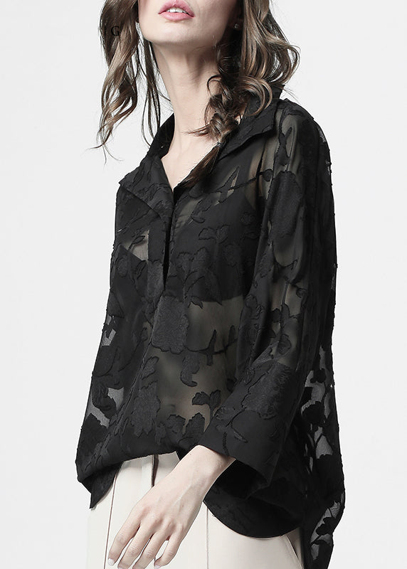Loose Black Lace Button Chiffon Blouses Batwing Sleeve