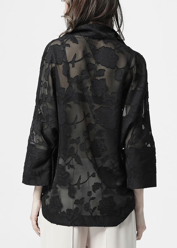 Loose Black Lace Button Chiffon Blouses Batwing Sleeve