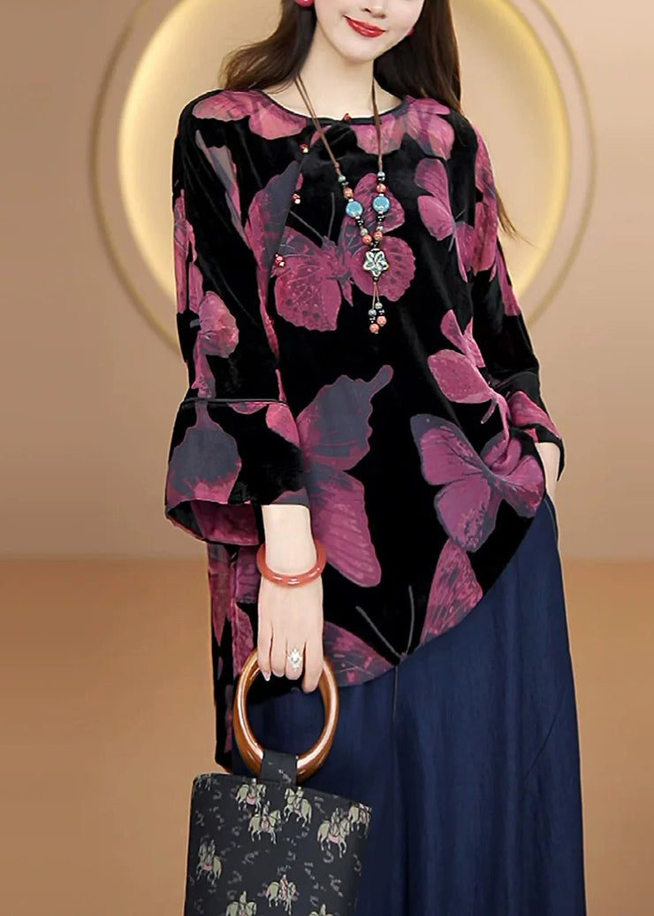 Loose Black O Neck Butterfly Velour Top Fall