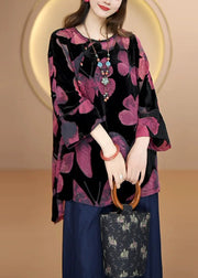 Loose Black O Neck Butterfly Velour Top Fall