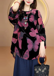 Loose Black O Neck Butterfly Velour Top Fall