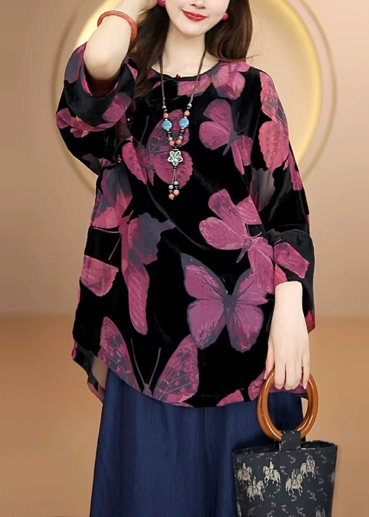 Loose Black O Neck Butterfly Velour Top Fall