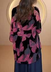 Loose Black O Neck Butterfly Velour Top Fall