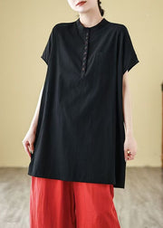 Loose Black O Neck Button Cotton T Shirts Summer
