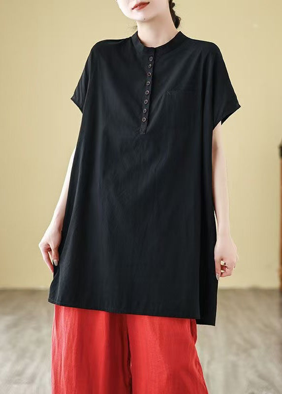 Loose Black O Neck Button Cotton T Shirts Summer