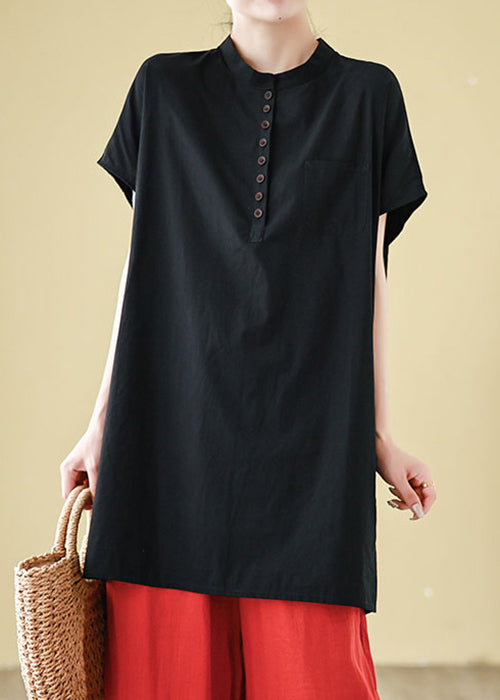 Loose Black O Neck Button Cotton T Shirts Summer