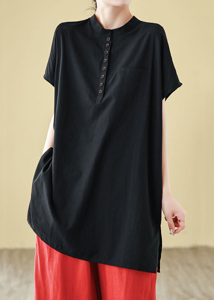 Loose Black O Neck Button Cotton T Shirts Summer