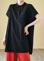 Loose Black O Neck Button Cotton T Shirts Summer