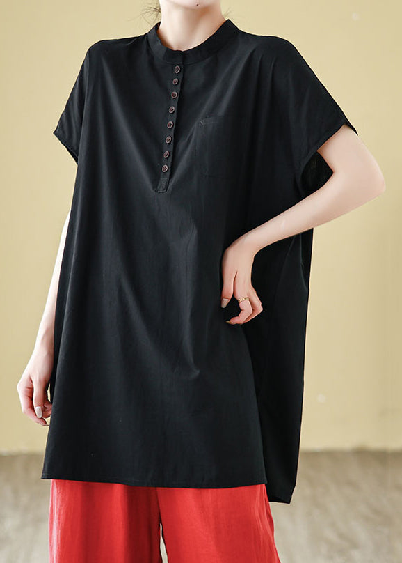 Loose Black O Neck Button Cotton T Shirts Summer