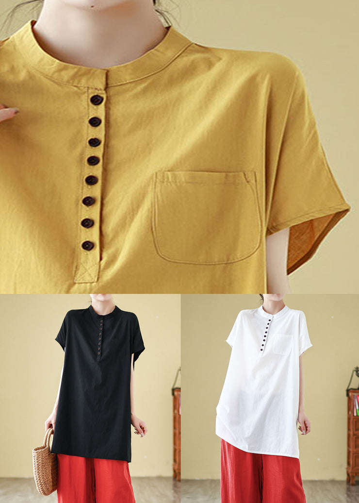 Loose Black O Neck Button Cotton T Shirts Summer