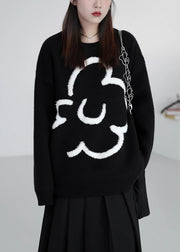 Loose Black O-Neck Floral Cozy Knit Sweaters Winter