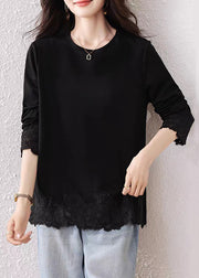 Loose Black O Neck Lace Patchwork Cotton T Shirt Fall