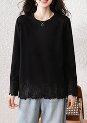 Loose Black O Neck Lace Patchwork Cotton T Shirt Fall