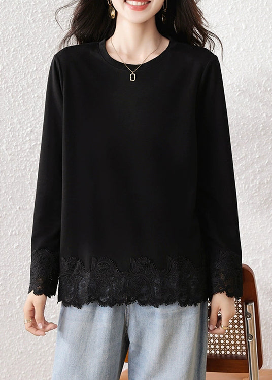 Loose Black O Neck Lace Patchwork Cotton T Shirt Fall