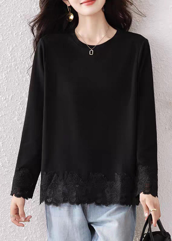 Loose Black O Neck Lace Patchwork Cotton T Shirt Fall