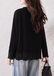Loose Black O Neck Lace Patchwork Cotton T Shirt Fall