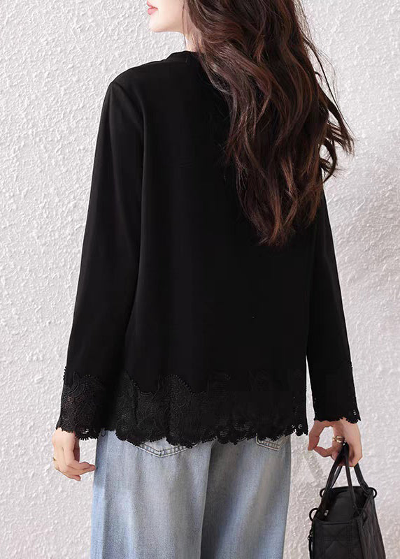 Loose Black O Neck Lace Patchwork Cotton T Shirt Fall