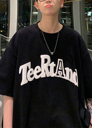 Loose Black O Neck Letter Solid Cotton T Shirt Men Half Sleeve