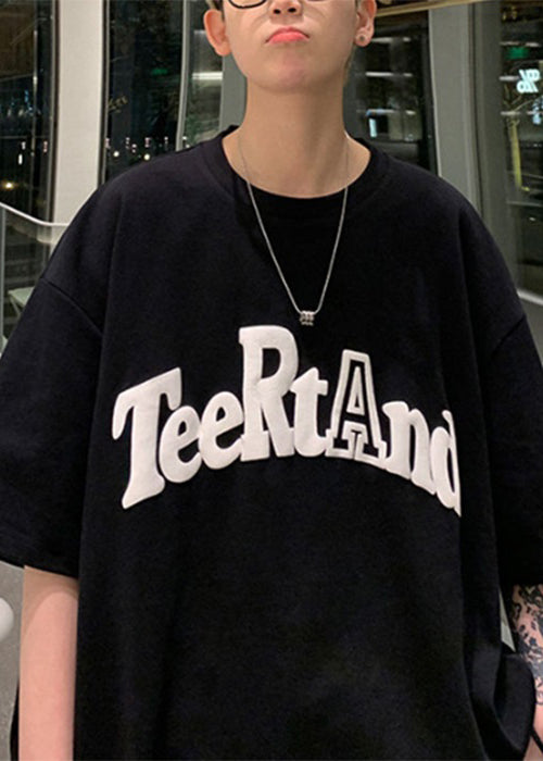 Loose Black O Neck Letter Solid Cotton T Shirt Men Half Sleeve