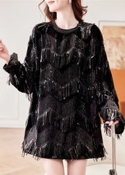 Loose Black O-Neck Patchwork Tassel Silk Velvet Top Spring