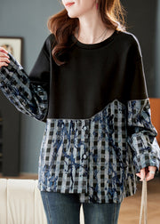 Loose Black O Neck Plaid Patchwork Cotton Tops Spring