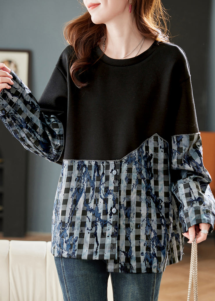 Loose Black O Neck Plaid Patchwork Cotton Tops Spring