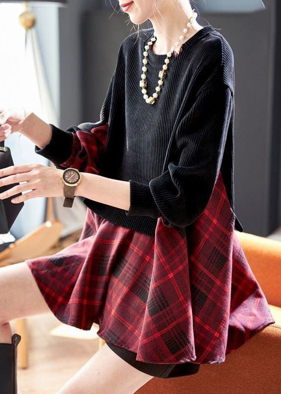 Loose Black O-Neck Plaid Patchwork Fake Two Pieces Sweatshirts Fall