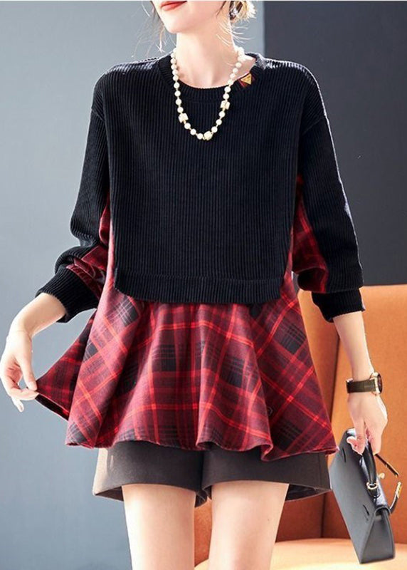 Loose Black O-Neck Plaid Patchwork Fake Two Pieces Sweatshirts Fall