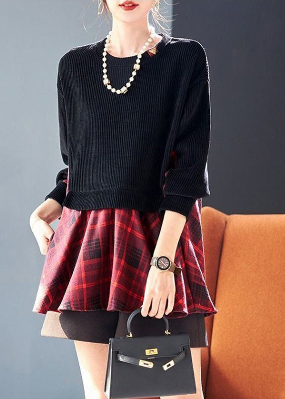 Loose Black O-Neck Plaid Patchwork Fake Two Pieces Sweatshirts Fall